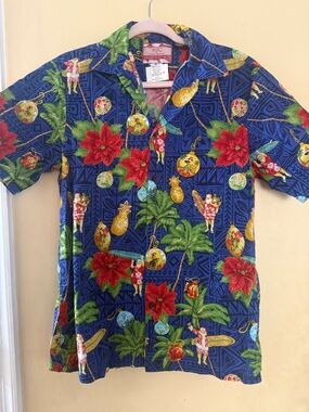 RJC Blue Tropical Hawaiian Shirt with Red Poinsettias & Xmas theme, men’s small